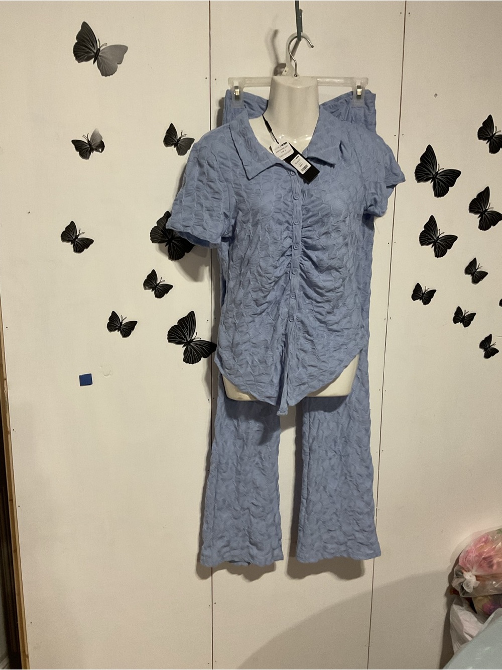 Light Blue Textured Short-Sleeve Top & Wide-Leg Pants Set
